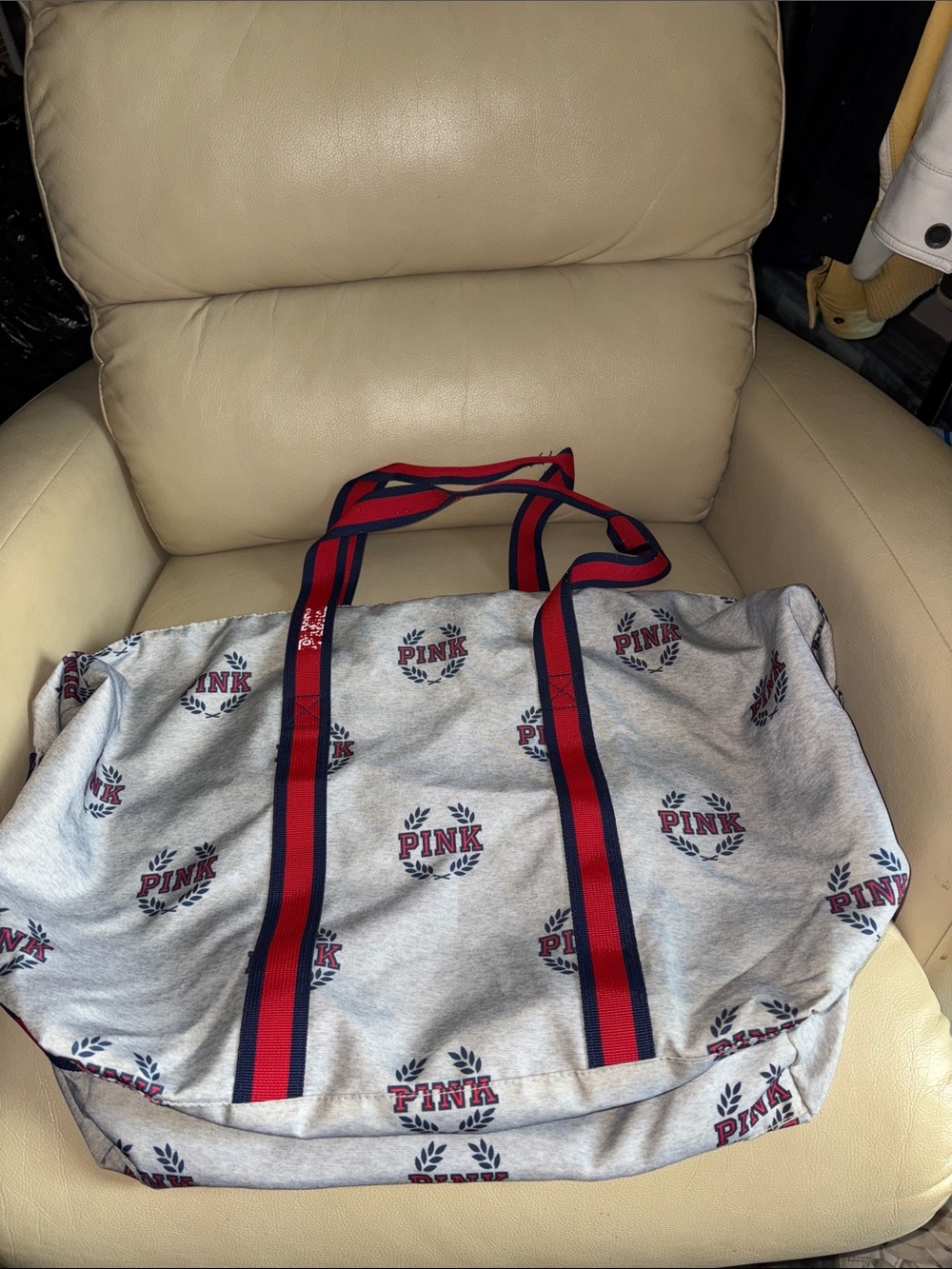 PINK Victoria's Secret Gray Duffel Tote with Red & Navy Straps
